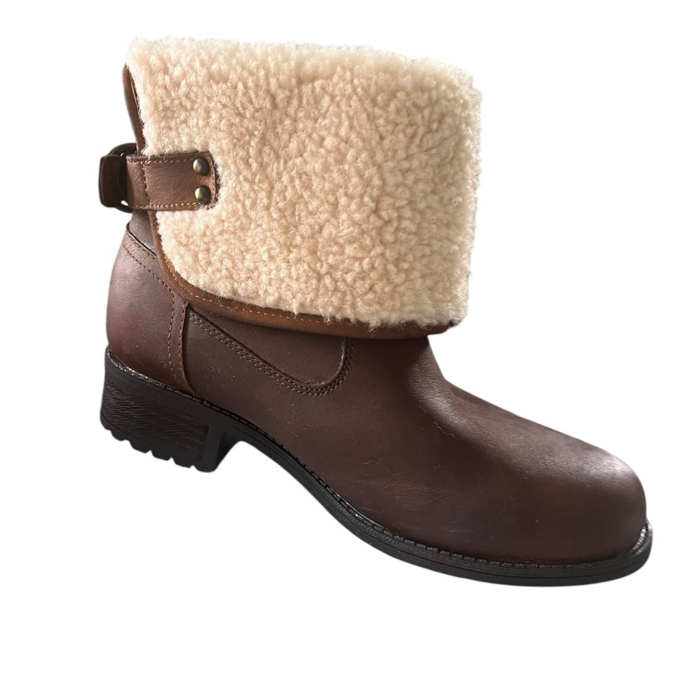 UGG Tan Leather Shearling Cuff Winter Ankle Boots Size 7 - Picture 3 of 9
